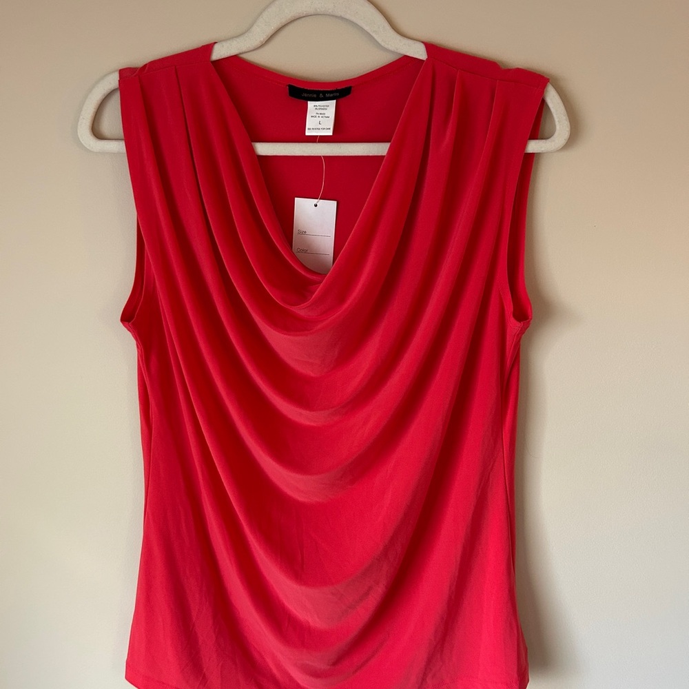 Elegant Coral Red Drape Neck Sleeveless Blouse